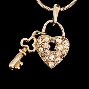 Silver tone rhinestone heart locket key necklace